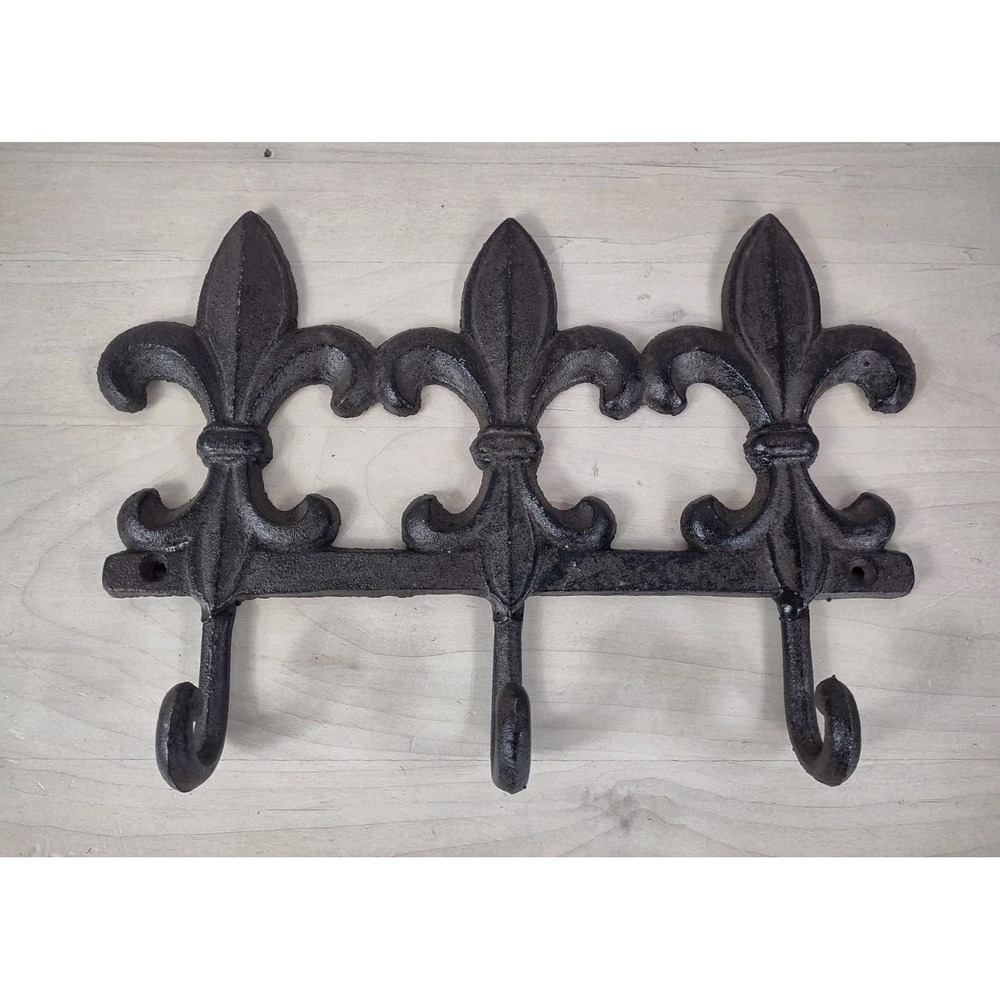 Fleur De Lis Scroll Triple Wall Hook Coat Rack Key Towel Brown Cast Iron
